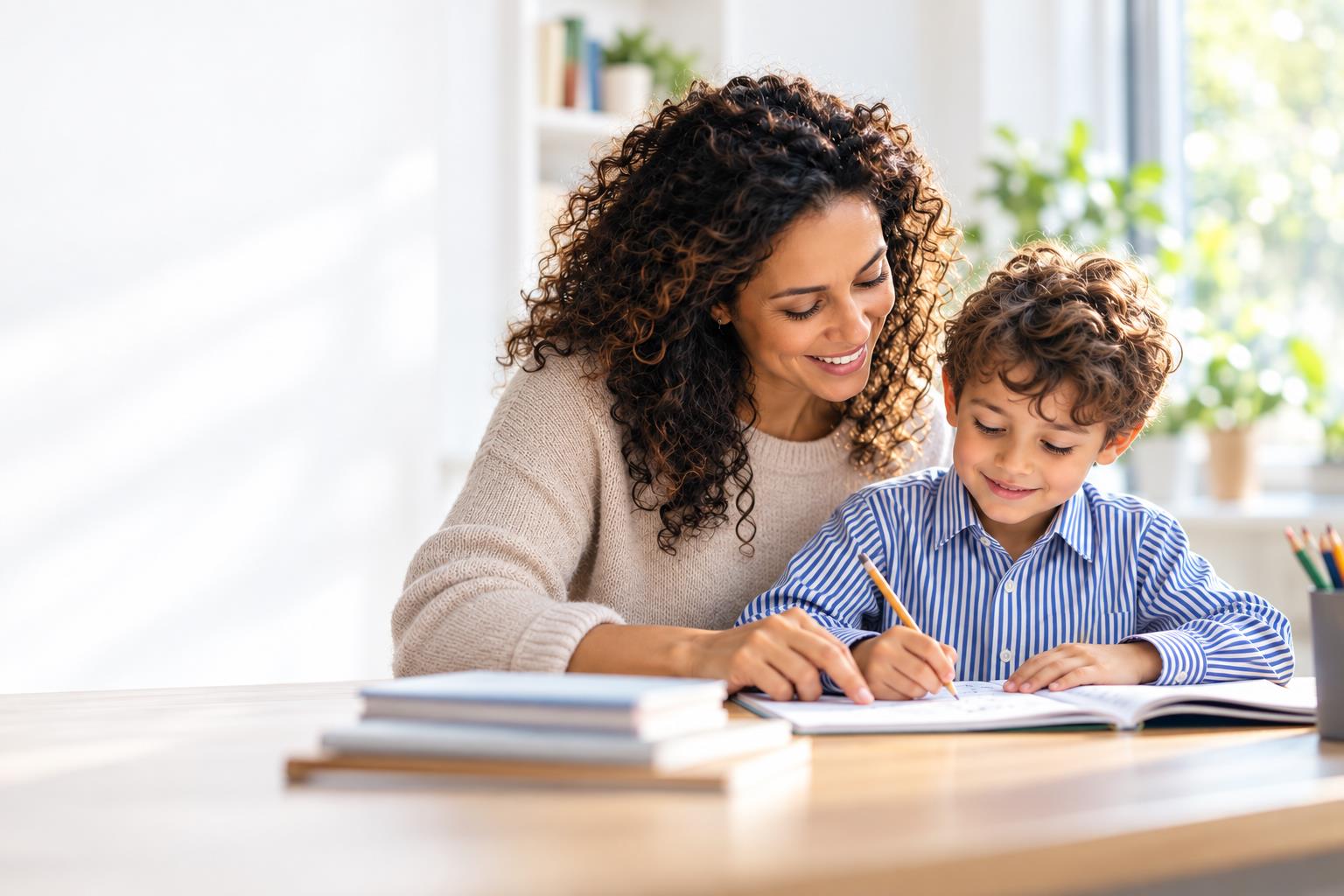 A parent helping a young student in school uniform with schoolwork